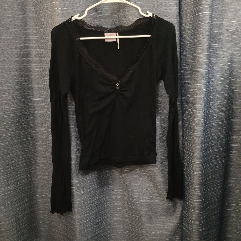 Urban Outfitters Black Lace Trim Long Sleeve Top